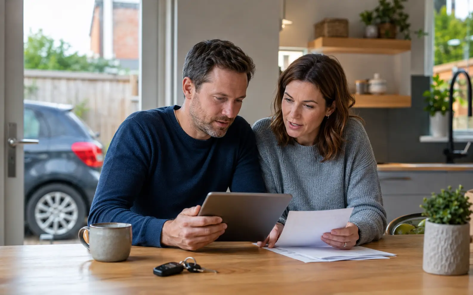 Person calmly reviewing car payments and household finances